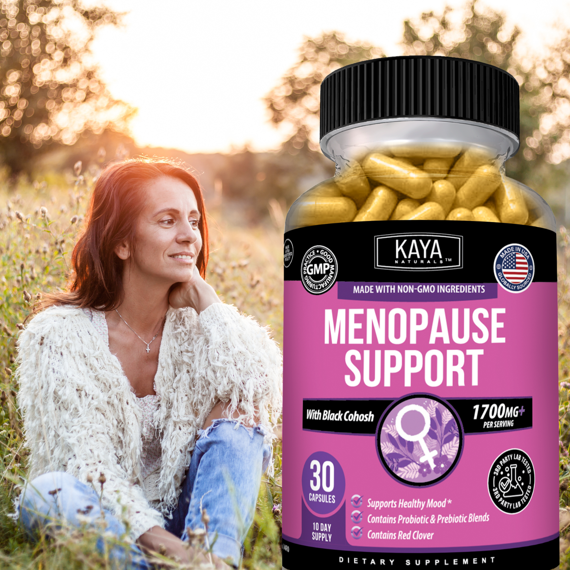 Menopause Support for Women – Black Cohosh, Red Clover, Probiotic & Prebiotic Blends for Hormonal Balance, Mood and Daily Wellness