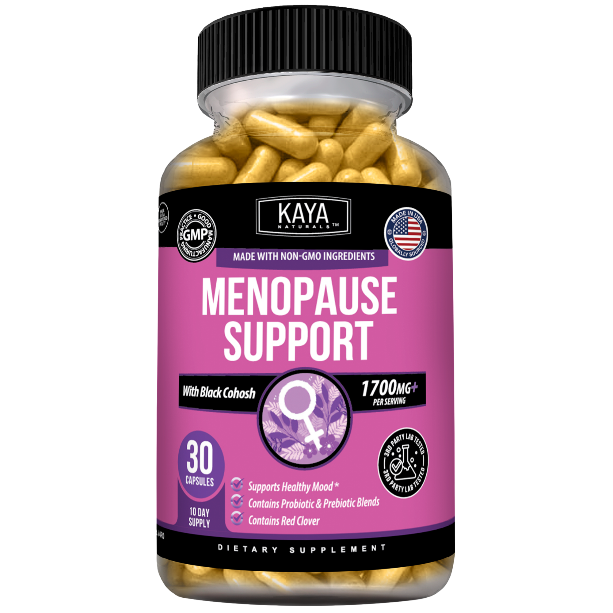 Menopause Support for Women – Black Cohosh, Red Clover, Probiotic & Prebiotic Blends for Hormonal Balance, Mood and Daily Wellness