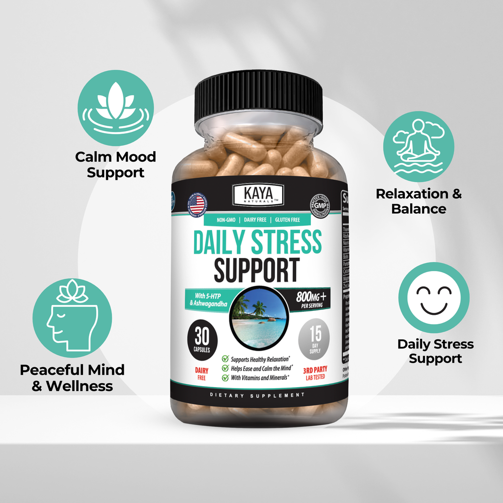 Kaya Naturals Daily Stress Support - Calm, Relaxation & Mood Balance Supplement Capsules