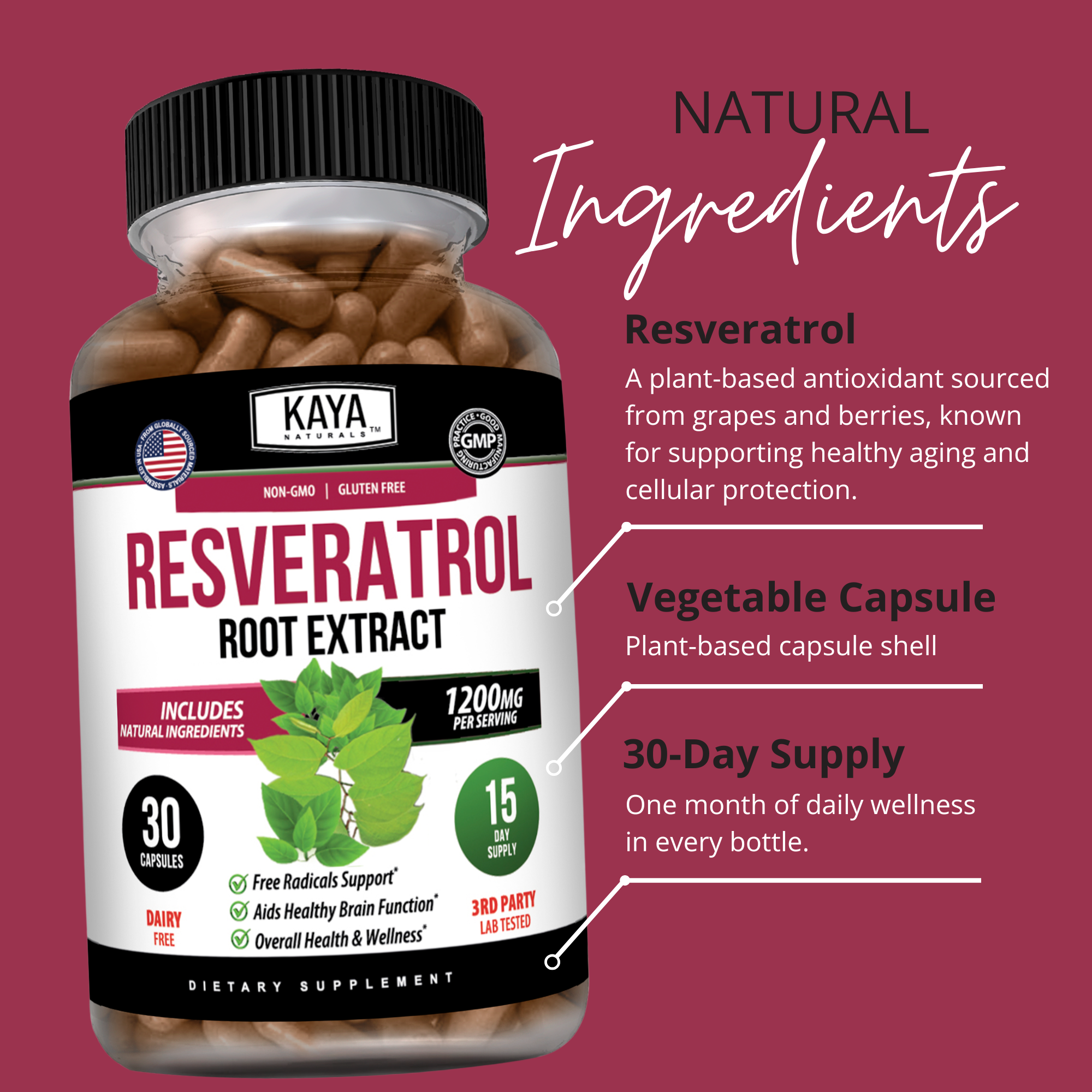 Resveratrol – Antioxidant Support Supplement – Cellular Health & Daily Wellness – Plant-Based Formula