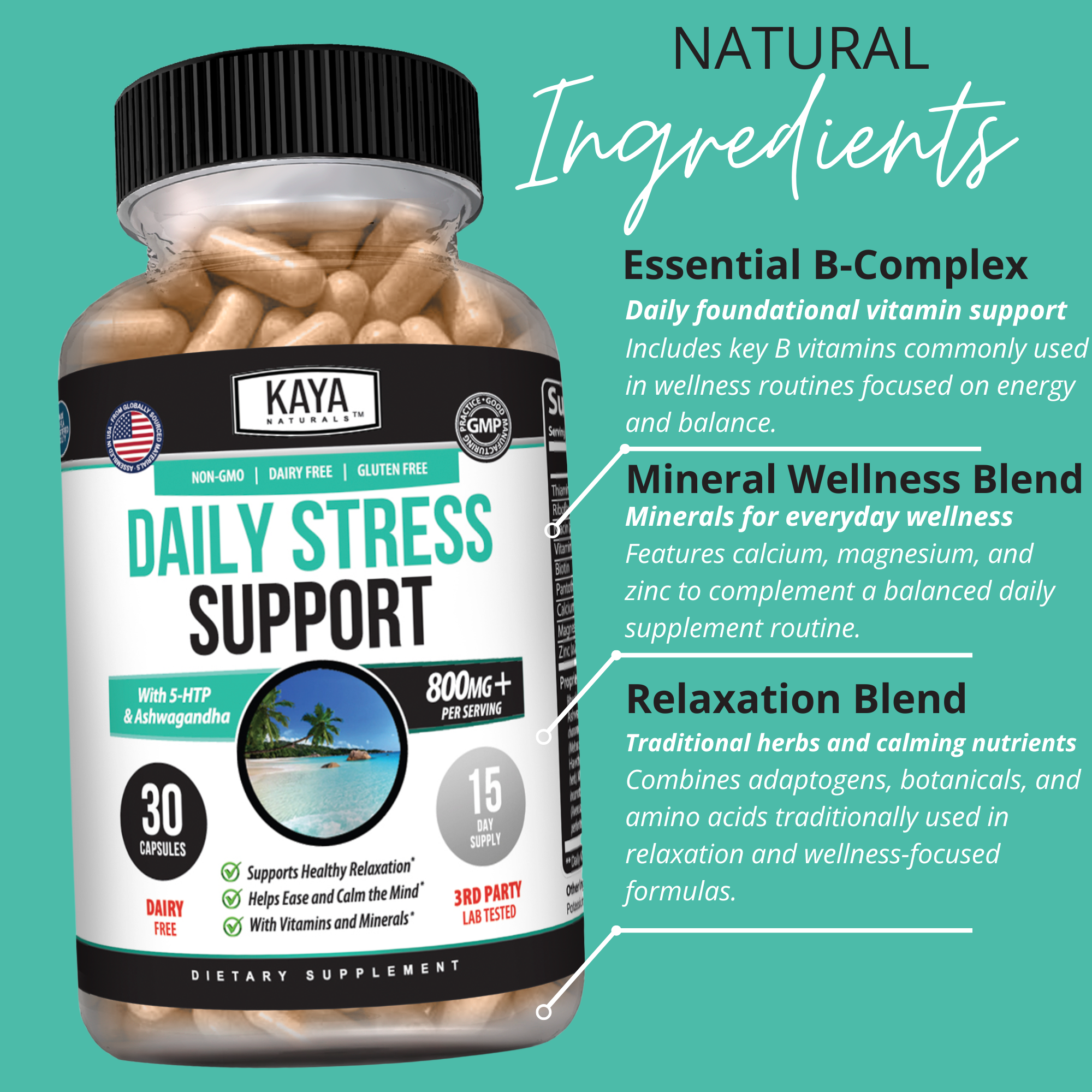 Kaya Naturals Daily Stress Support - Calm, Relaxation & Mood Balance Supplement Capsules