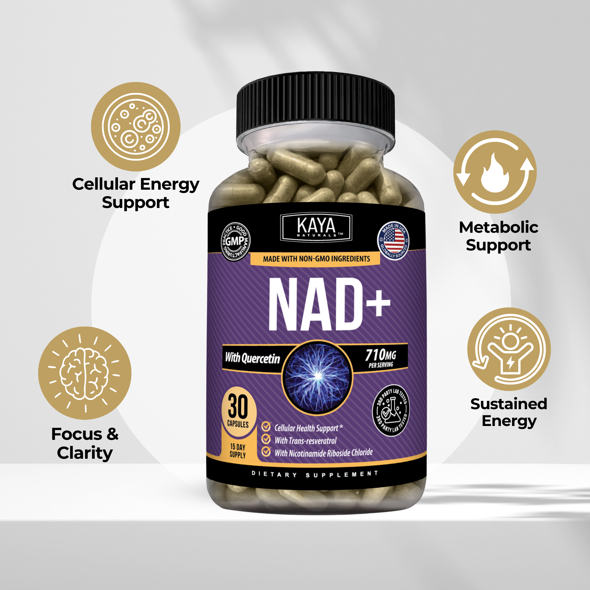 NAD+ Cellular Energy Support – Nicotinamide Riboside, Resveratrol, Quercetin & Absorption Blend for Healthy Aging & Vitality