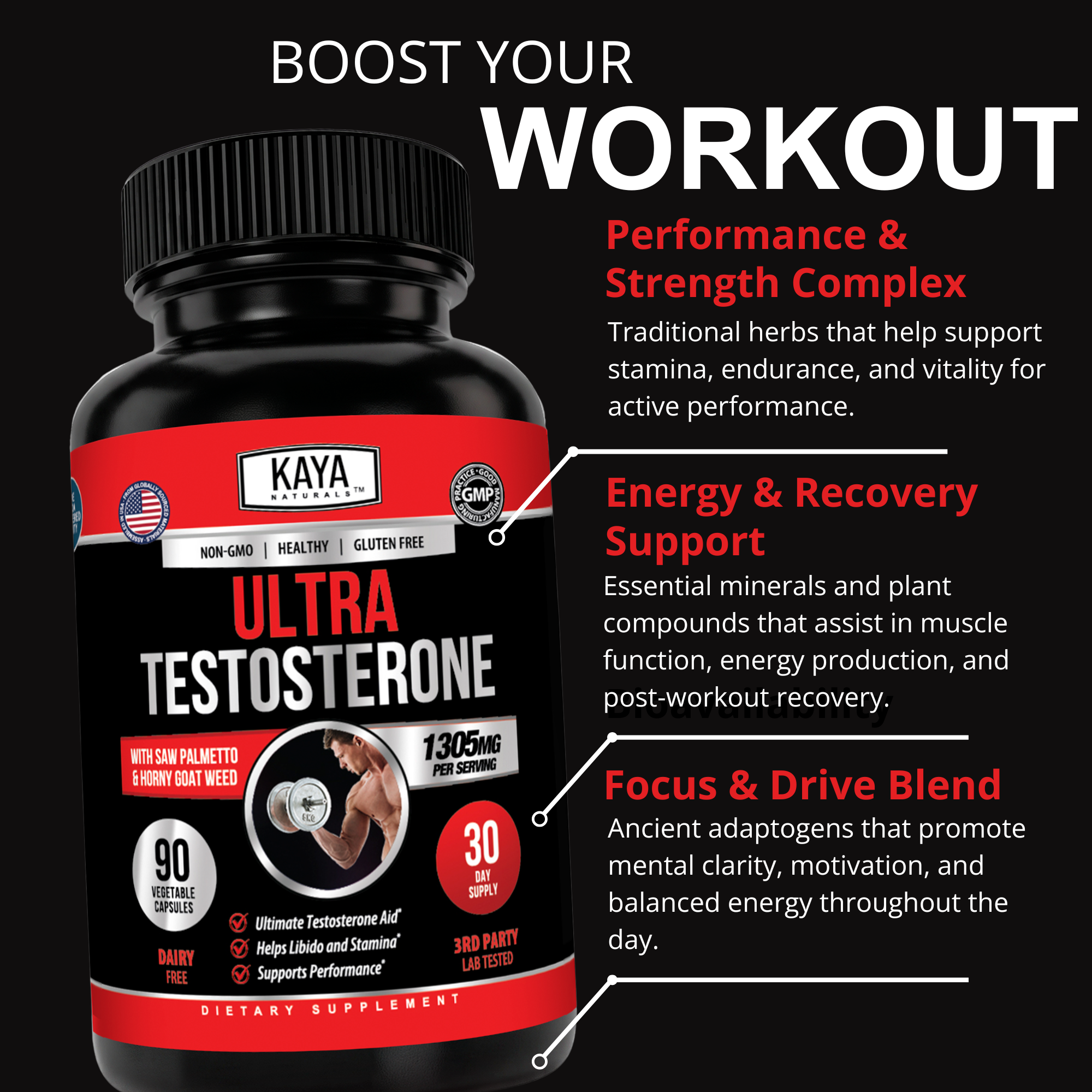 Ultra Testosterone Support for Men – Energy, Strength & Vitality Formula – Daily Performance & Endurance Support
