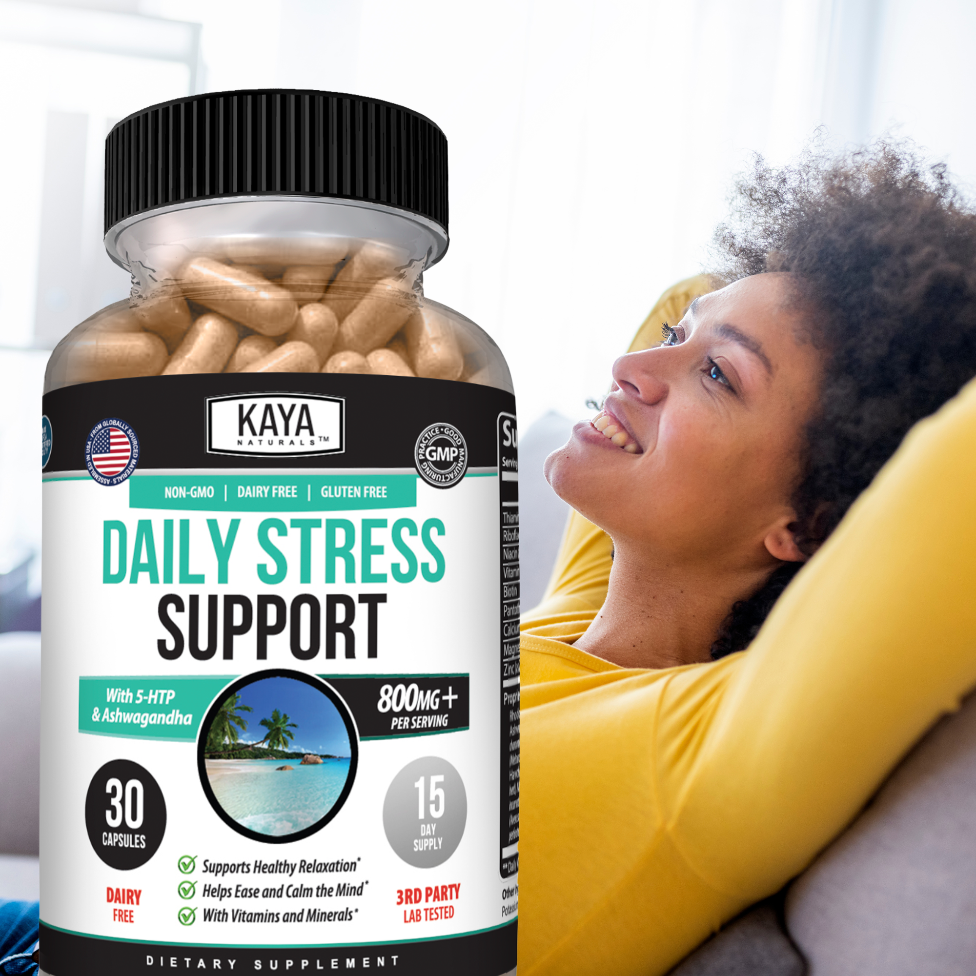 Kaya Naturals Daily Stress Support - Calm, Relaxation & Mood Balance Supplement Capsules